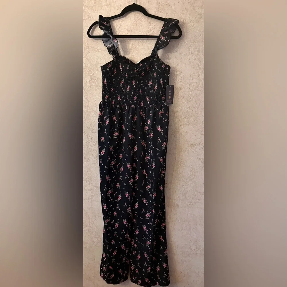 Three Girls Clothing Floral Black Jumpsuit with Ruffle Straps